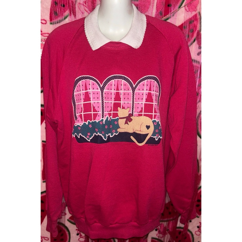 Hot Pink Cat Graphic Sweatshirt with White Collar